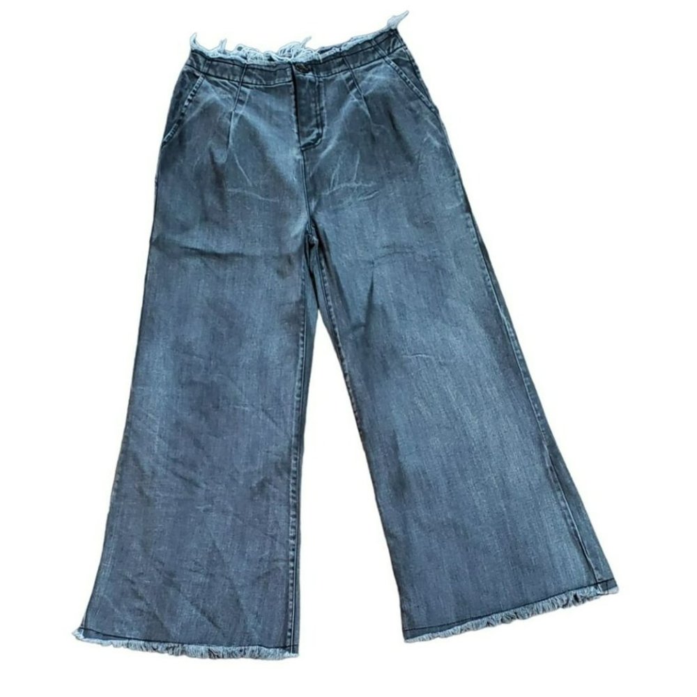 Unbranded Women's Black Distressed Wide Leg Denim Jeans Size Small Frayed Hem